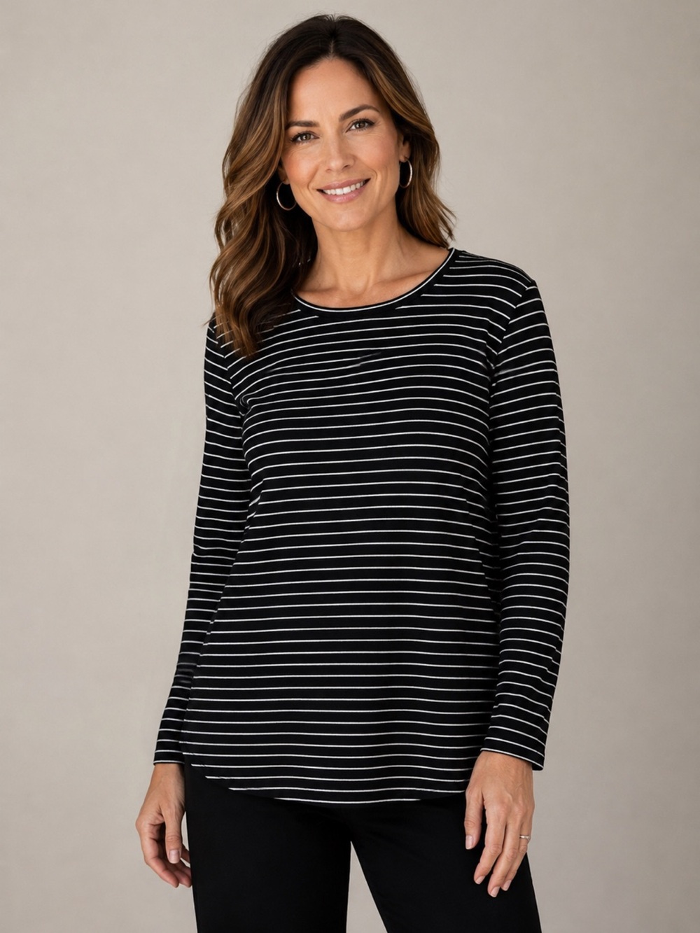 Chico's Black White Striped Tunic Long Sleeve Cotton Top Plus Size 3 XL 1X